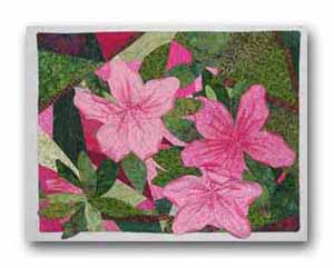 Inspired by a photo of my husband's wonderful azaleas taken in May of 2006. Machine pieced and appliqu. Embellished with ink and Swarovski crystals.